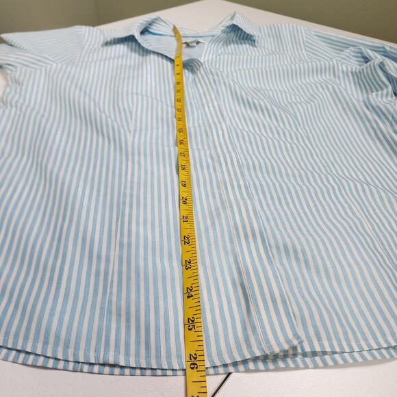 Chicos Womens No Iron Striped Shirt Large Blue White Metallic Stripe 3/4 Sleeves - Picture 8 of 8